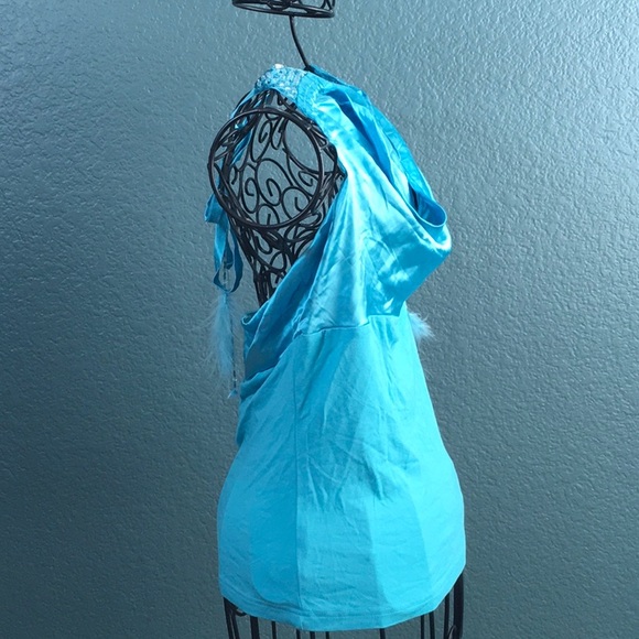 Bebe Blue Silk Tie Back Halter Top w Feathers - Picture 5 of 8